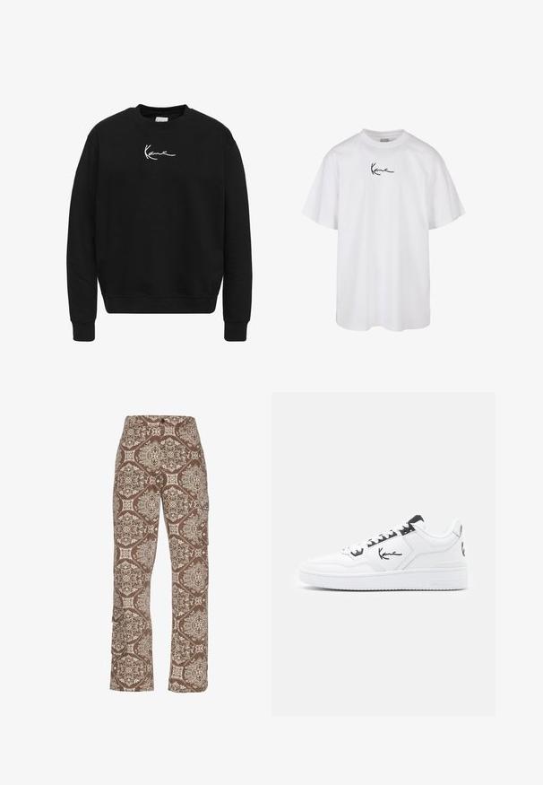 Czarna bluza z bawełny z okrągłym dekoltem. Posiada białe wyszywane logo na piersi oraz ściągacze przy mankietach i u dołu.; Biała bawełniana koszulka z okrągłym dekoltem i krótkimi rękawami, z czarnym haftowanym logo umieszczonym na środku klatki piersiowej.; Brązowe spodnie cargo w wzory z misternymi kremowymi i jasnobrązowymi wzorami, z bocznymi kieszeniami i luźnym krojem.; Białe skórzane sneakersy z czarnymi akcentami, z charakterystycznym logo na boku, okrągłym noskiem i teksturowaną gumową podeszwą.