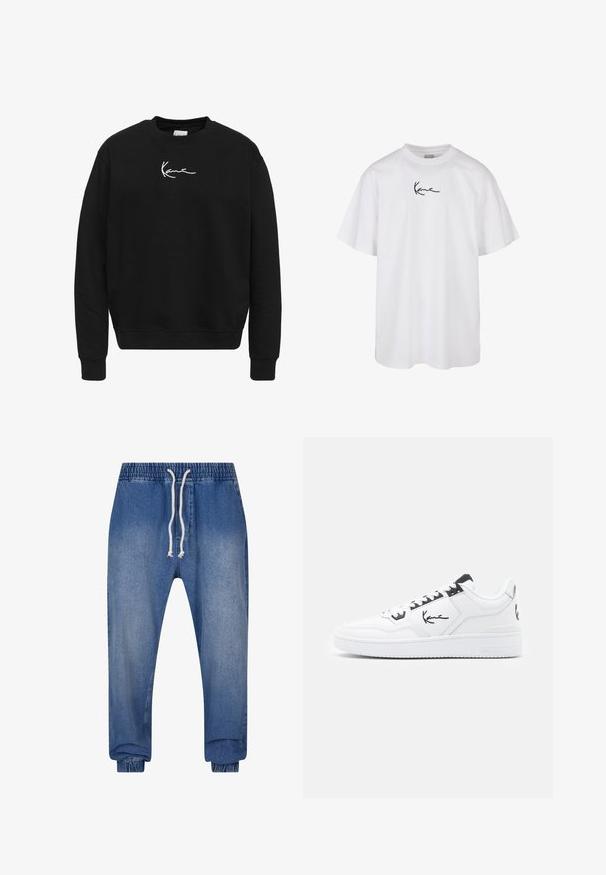 Fekete pamut pulóver kerek nyakkal. Fehér hímzett logóval rendelkezik a mellrészen, valamint bordázott mandzsettával és aljjal.; Fehér pamut póló kerek nyakkivágással és rövid ujjakkal, a mellkasán középen elhelyezett fekete hímzett logóval.; Denim dzogger nadrág elasztikus derékrésszel, állítható zsinórral és elasztikus szegélyekkel. Világos kék mosású és sima tapintású.; Fehér bőr sportcipő fekete akcentusokkal, oldalon található jellegzetes logóval, kerek orral és textúrált gumitalppal.