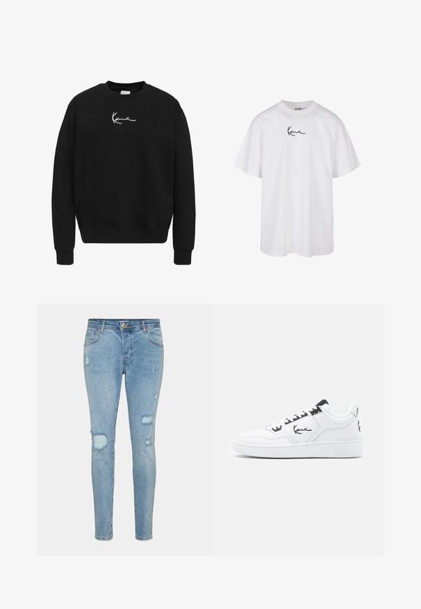 Melnā kokvilnas sporta krekls ar apaļu kaklu. Uz krūtīm ir balts izšūts logotips, kā arī ribspācija aproces un apakšmalā.; Balta kokvilnas T-kreklu ar apaļu izgriezumu un īsām piedurknēm, ar melnu izšūtu logo, kas atrodas krūtīs.; Gai zili džinsi, kas izgatavoti no denima, ar nolietotiem plankumiem uz ceļgaliem, klasisku piecu kabatu dizainu un rāvējslēdzēju ar pogu aizdari.; Baltas ādas sneakers ar melniem akcentiem, kuram ir paraksta logo sānos, apaļa purngala forma un teksturēta gumijas zole.
