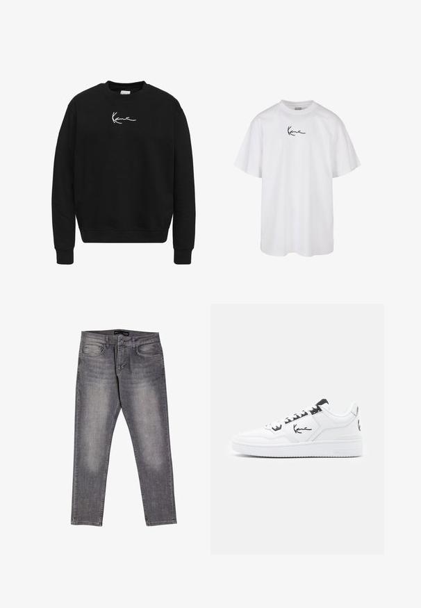 Must olla musta puuvillane dressipluus, millel on ümar kaelus. Sobilik on valge tikandiga logo rinnal ning ribakujulised mansetid ja äär.; Valge puuvillane T-särk, millel on ümar kaelus ja lühikesed varrukad, ning keskel rinna kohal must tikitud logo.; Hallitus hallide denim püksid, millel on kulunud viimistlus, viis taskut ja lukuga lend. Tasane talje koos vöödega. Sirge lõikega.; Valge nahkne tennis, millel on mustad aksessuaarsed detailid, koos külje peal asuva allkirjaga logoga, ümmarguse varbaga ja tekstuuriga kummitald.
