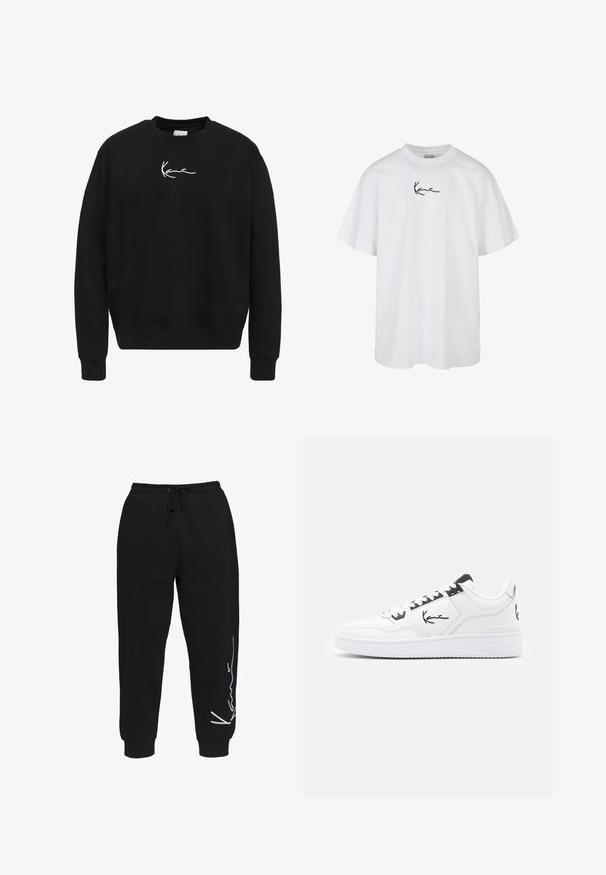 Černá mikina vyrobená z bavlny s klasickým kulatým výstřihem. Má bílou vyšívanou logo na hrudi a žebrované manžety a spodní lem.; Bílé bavlněné tričko s kulatým výstřihem a krátkými rukávy, s černým vyšívaným logem umístěným na hrudi.; Černé tepláky vyrobené z bavlny, s elastickým pasem na šňůrku, zúženými nohavicemi a bílým logem na levé straně.; Bílé kožené tenisky s černými akcenty, s podpisovým logem na boku, kulatou špičkou a texturovanou gumovou podrážkou.