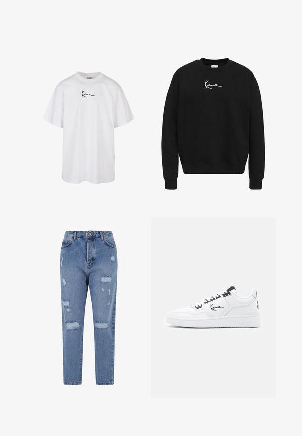 Melnā kokvilnas sporta krekls ar apaļu kaklu. Uz krūtīm ir balts izšūts logotips, kā arī ribspācija aproces un apakšmalā.; Balta kokvilnas T-kreklu ar apaļu izgriezumu un īsām piedurknēm, ar melnu izšūtu logo, kas atrodas krūtīs.; Gai zili denima bikses ar augstu jostasvietu, taisnu kāju un nolietotu dizainu, kurā ietilpst plēstumi un saplēsti malas.; Baltas ādas sneakers ar melniem akcentiem, kuram ir paraksta logo sānos, apaļa purngala forma un teksturēta gumijas zole.