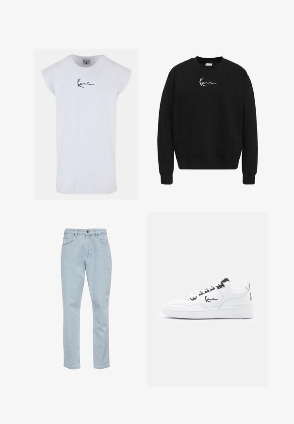 Felpa nera in cotone con colletto girocollo. Presenta un logo ricamato bianco sul petto e polsini e orlo a coste.; Karl Kani SMALL SIGNATURE TEE - Top - white; Jeans in denim blu chiaro con design a gamba dritta, cinque tasche e chiusura con bottone metallico. Texture liscia e lievi dettagli di scolorimento.; Sneaker bianca in pelle con dettagli neri, caratterizzata da un logo distintivo sul lato, punta rotonda e suola in gomma testurizzata.