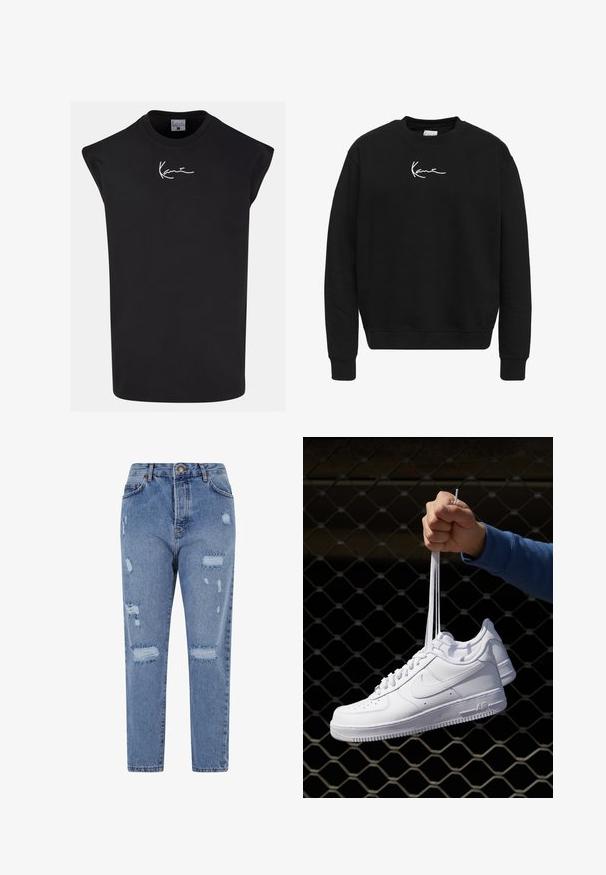 Hanorac negru din bumbac, cu guler rotund. Prezintă un logo brodat alb pe piept și manșete și tiv din rib. ; Tricou negru fără mâneci, fabricat din bumbac, cu decolteu rotund și un logo alb pe față. Textură netedă, croi lejer.; Blugi din denim de culoare albastru deschis, cu talie înaltă, croială dreaptă și un design uzat, având rupturi și margini desfăcute pe întreaga suprafață.; Adidași albaștri din piele cu perforații, vârf rotund, talpă plată și șireturi groase, cu un logo swoosh vizibil și cu inscripția "AIR" pe toc.