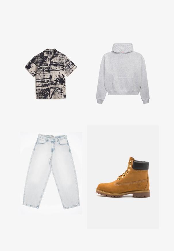 Light gray pullover hoodie made of soft cotton blend. Features a kangaroo pocket, ribbed cuffs, and a drawstring hood with a minimalistic design.; Vans Shirt - medium brown; Light blue denim jeans with a loose, baggy fit. Features five pockets, button closure, and stitched detailing. Faded texture and straight legs.; Tan suede ankle boot with black padded collar, gold metal eyelets, white stitching detailing, and rugged rubber sole with pronounced treads.