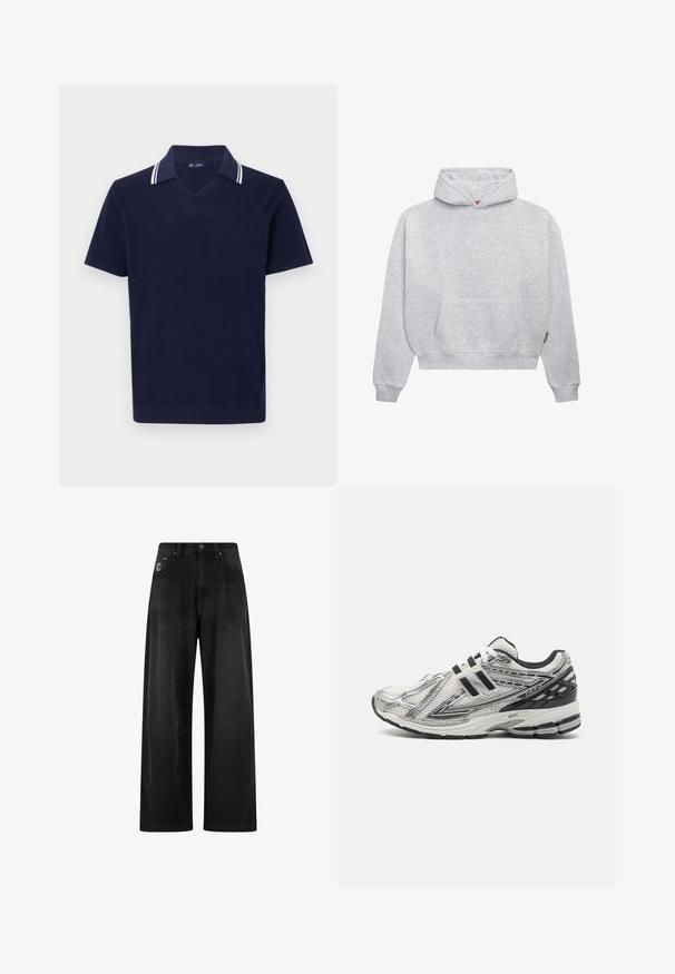 Lys grå genser med hette laget av myk bomullsblanding. Har kengurulomme, ribbestrikkede mansjetter og en hette med snøring i et minimalistisk design.; Mørkeblå kortermet polo med v-hals, med hvite doble striper på kragen og et teksturert strikket mønster gjennom hele.; Bredde ben svarte denimbukser med høyt liv, utstyrt med fire lommer og en liten logo-lapp foran. Glatt tekstur, enkelt design.; Herresko til løping i hvitt mesh med svarte detaljer, med dempet såle, snøring og en teksturert overflate for grep.