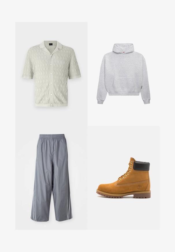 Felpa leggera grigia realizzata in morbido misto cotone. Caratterizzata da una tasca a marsupio, polsini a coste e un cappuccio con coulisse dal design minimalista.; Camicia a maniche corte, di un grigio chiaro, realizzata in maglia con un motivo a onde, colletto e chiusura con bottoni, in un tessuto testurizzato.; Pantaloni larghi in sintetico leggero di colore grigio, con vita elasticizzata e strisce bianche ai lati. Texture liscia con un design casual.; Stivale alla caviglia in suede tan con collare imbottito nero, occhielli in metallo dorato, dettagli in cucitura bianca e suola in gomma robusta con battistrada pronunciato.
