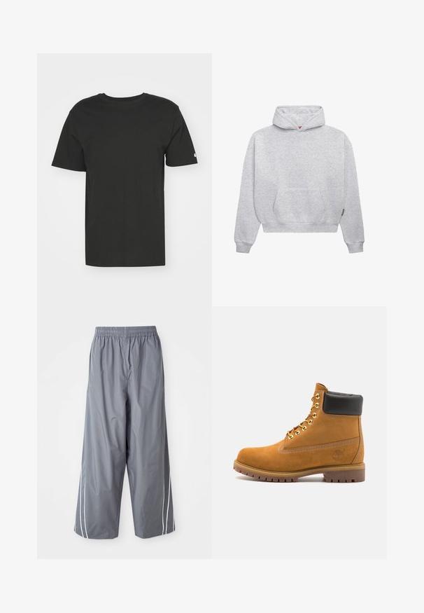 Light gray pullover hoodie made of soft cotton blend. Features a kangaroo pocket, ribbed cuffs, and a drawstring hood with a minimalistic design.; Black T-shirt made of soft cotton, featuring short sleeves and a crew neck. Simple design with a small logo on the left sleeve.; Gray, lightweight, synthetic wide-leg pants with an elastic waistband and white side stripes. Smooth texture with a casual design.; Tan suede ankle boot with black padded collar, gold metal eyelets, white stitching detailing, and rugged rubber sole with pronounced treads.