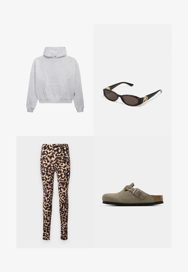 Svetlo siva pulover majica s kapuco, izdelana iz mešanice mehkega bombaža. Ima kenguru žep, rebraste manšetne in kapuco z vrvico v minimalističnem dizajnu.; Leggingi z vzorcem leopardjevo krzno, ki imajo gladko, raztegljivo tkanino, srednje visok pas in prilegajočo se silhueto. Vzorci v odtenkih rjave in črne.; Semišni klobuki v svetlo olivno zeleni barvi z oblikovanim plutovim in gumijastim podplatom. Vključuje stransko zanko z kovinsko zaponko in zaobljenim nosom.; Kornjačaste sunčane naočale s izduženim ovalnim lećama, smeškim tonovima, zlatnim logotipom na drškama i elegantnim crnim rukohvatima.; Črna torbica v obliki srca, izdelana iz lakirane usnje, s sprednjim žepom, ki se zapira z zaponko, in snemljivim trakom. Srebrni dodatki.