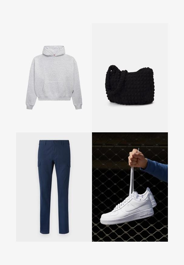 Világosszürke pulóver kapucnis felső, puha pamut keverékből készült. Kenguruzsebet, bordás mandzsettákat és letisztult dizájnnal rendelkező húzózsinóros kapucnit tartalmaz.; Sötétkék pamut cargo nadrág, oldalzsebekkel, gombos záródással, egyenes szabással és sima textúrával.; Fehér bőr sportcipők perforációval, kerek orral, lapos talppal és vastag fűzőkkel, látható swoosh logóval és "AIR" felirattal a sarokrészen.; Fekete szövet táska texturált, steppelt mintával. Kerek formájú, rövid, vastag fogantyúkkal és puha, rugalmas szerkezettel.