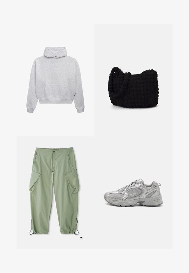 Lys grå pullover hoodie lavet af blød bomuldsblanding. Har en kengurulomme, ribbede mansjetter og en hætte med snøre i et minimalistisk design.; Lys grønne cargo bukser med elastisk talje, flere sidelommer og snore ved anklerne. Fremstillet af slidstærkt, struktureret stof.; Sølv atletiksko med et strømlinet design, mesh-paneler, polstret tunge, struktureret syntetisk overdel og gummiydersål for godt greb.; Sort stofpose med en struktureret, quilted mønster. Rund form, korte, tykke håndtag, og en blød, fleksibel struktur.