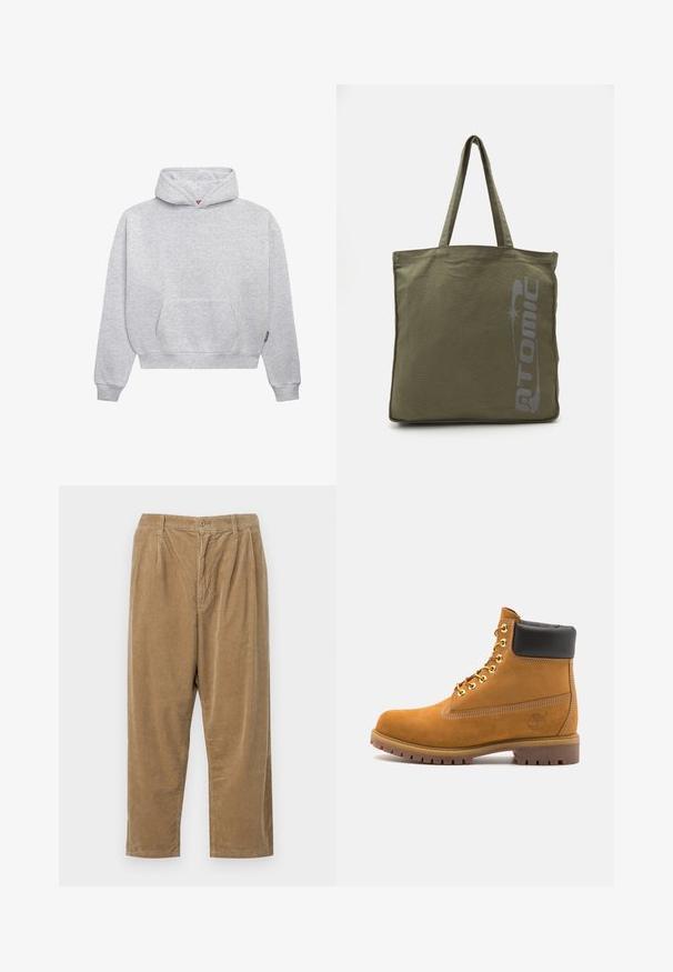 Felpa leggera grigia realizzata in morbido misto cotone. Caratterizzata da una tasca a marsupio, polsini a coste e un cappuccio con coulisse dal design minimalista.; Pantaloni in corduroy di colore marrone chiaro con un motivo a righe strutturato, dotati di chiusura con bottone e vestibilità comoda.; Stivale alla caviglia in suede tan con collare imbottito nero, occhielli in metallo dorato, dettagli in cucitura bianca e suola in gomma robusta con battistrada pronunciato.; Borsa in tela verde oliva con stampa del logo, manici doppi, forma quadrata, cuciture visibili e senza motivi o accenti aggiuntivi.
