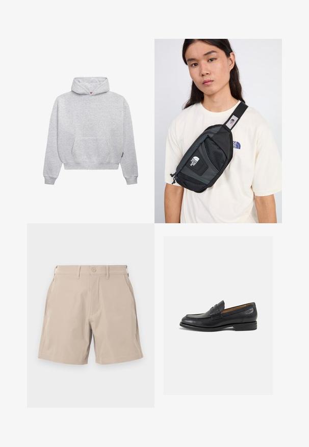 Felpa leggera grigia realizzata in morbido misto cotone. Caratterizzata da una tasca a marsupio, polsini a coste e un cappuccio con coulisse dal design minimalista.; Pantaloni corti beige realizzati in tessuto leggero, dotati di quattro tasche e chiusura con bottone, con una consistenza liscia e un design a taglio dritto.; Mocassini in pelle nera con finitura liscia, punta arrotondata e cuciture decorative sulla tomaia. Tacco basso impilato e leggero lucido.; The North Face PACK UNISEX - Marsupio - black/asphalt grey