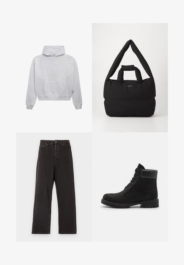 Felpa leggera grigia realizzata in morbido misto cotone. Caratterizzata da una tasca a marsupio, polsini a coste e un cappuccio con coulisse dal design minimalista.; Jeans neri a gamba larga in denim, con chiusura a bottone e zip, passanti per la cintura e tasche laterali con una leggera texture.; Stivale alla caviglia nero con lacci, colletto imbottito e suola robusta, mostrato in profilo su uno sfondo bianco.; Borsa nera imbottita con una larga tracolla morbida e manico superiore. Caratterizzata da una chiusura con zip e un discreto logo sul davanti.
