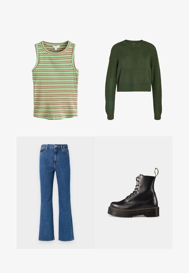 Olive green cropped sweater with a ribbed texture, round neckline, and long sleeves. Features a relaxed fit and knitted pattern throughout.; Sleeveless ribbed tank top with a mint green base and horizontal red stripes. Features a round neckline and soft texture.; High-waisted flared jeans made from blue denim. Features include a button closure, front pockets, and minimal stitching details.; Black leather lace-up ankle boots with a chunky black sole and yellow stitching. Features a pull tab at the back and circular metal eyelets.