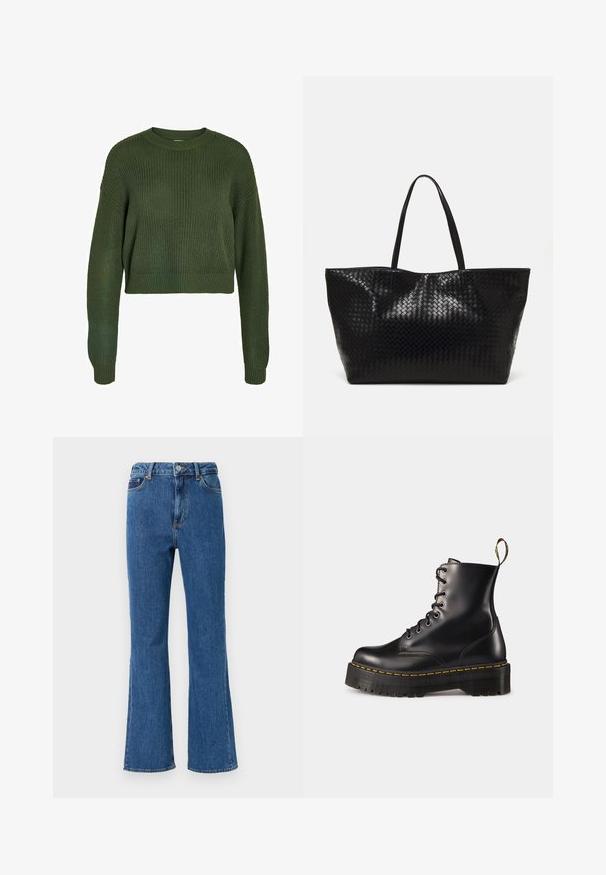 Olive green cropped sweater with a ribbed texture, round neckline, and long sleeves. Features a relaxed fit and knitted pattern throughout.; High-waisted flared jeans made from blue denim. Features include a button closure, front pockets, and minimal stitching details.; Black leather lace-up ankle boots with a chunky black sole and yellow stitching. Features a pull tab at the back and circular metal eyelets.; Black woven tote bag with two sturdy handles, featuring a glossy texture and a spacious open top design.