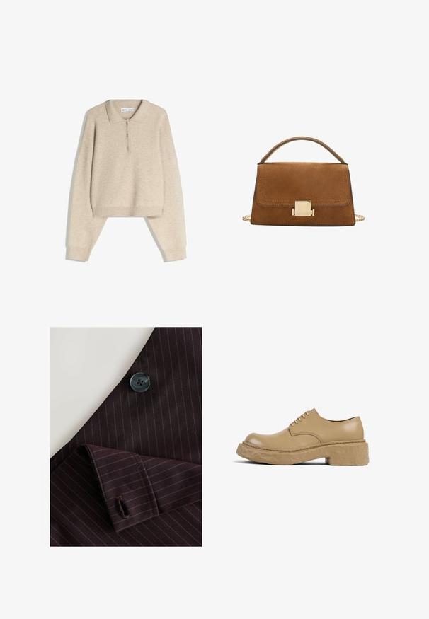 Béžový vlněný polo svetr se stojáčkem, zapínáním na knoflíky, zkráceným střihem a dlouhými, mírně volnými rukávy s žebrovanými manžetami.; Tkanina s hnědočervenými pruhy obsahující černý knoflík a upravený manžetový lem. Obsahuje jemné pruhy a vyšitý detail na knoflíkovém otvoru.; Béžové kožené oxfordky s kulatou špičkou, šněrovacím designem a silnou, strukturovanou podrážkou. Šitá výzdoba podél okrajů.; Hnědá semišová kabelka se zlatým čtvercovým zapínáním, horním uchopem a řetízkovým popruhem. Vyznačuje se obdélníkovým tvarem a zaoblenými okraji.