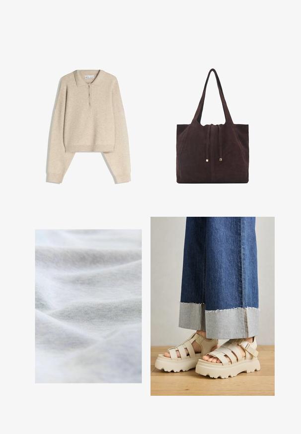 Beżowy wełniany sweter polo z kołnierzykiem, z zapięciem na guziki, krótkim krojem oraz długimi, lekko oversize'owymi rękawami zakończonymi ściągaczami.; Miękka, jasnoszara bawełniana tkanina z widoczną drobną strukturą dzianiny i delikatnymi fałdami tworzącymi subtelne cienie.; Beżowe sandały na platformie z grubymi podeszwami mają paskowy fason i regulowane paski na kostce. Noszone z szerokimi dżinsowymi spodniami, jeden z mankietów jest postrzępiony.; Mango - Torba na zakupy