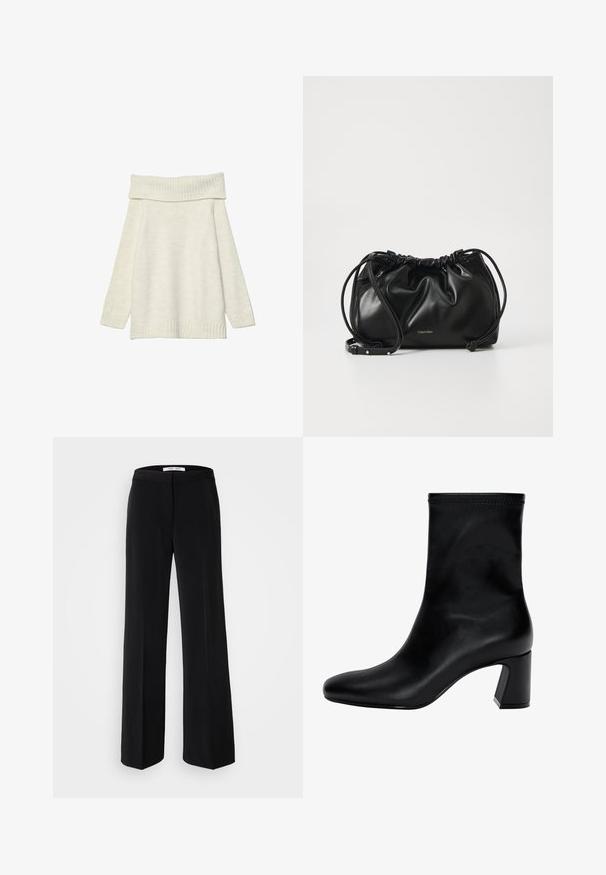 Stradivarius EXPOSED SHOULDER - Vesta - white; Crne široke hlače s glatkom teksturom, s uskim pojasom i minimalističkim dizajnom. Bez vidljivih uzoraka ili naglasaka.; Crne gležnjače od glatke kože. Imaju kvadratni vrh, elastični gornji dio i masivnu petu za stabilnost. Minimalistički dizajn.; Crna kožna torba s nabranim dizajnom, dvostrukim zatvaranjem na vezicu i odvojivim remenom za rame. Ima metalni logo detalj.
