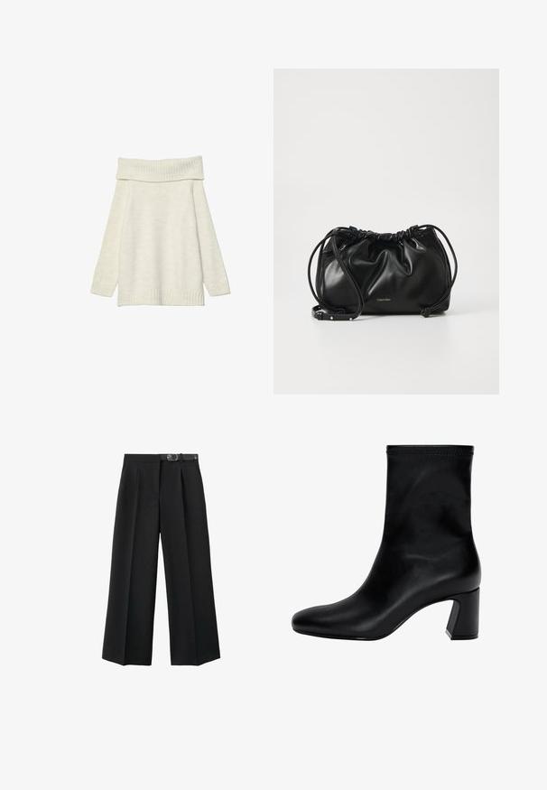 Stradivarius EXPOSED SHOULDER - Jumper - white; Black wide-leg trousers made of woven fabric, featuring a belted waist, pleats, and a smooth texture.; Black ankle boot made of smooth leather. Features a square toe, elasticated top, and a chunky heel for stability. Minimalist design.; Black leather handbag with gathered design, dual drawstring closure, and detachable shoulder strap. Features metallic logo detail.