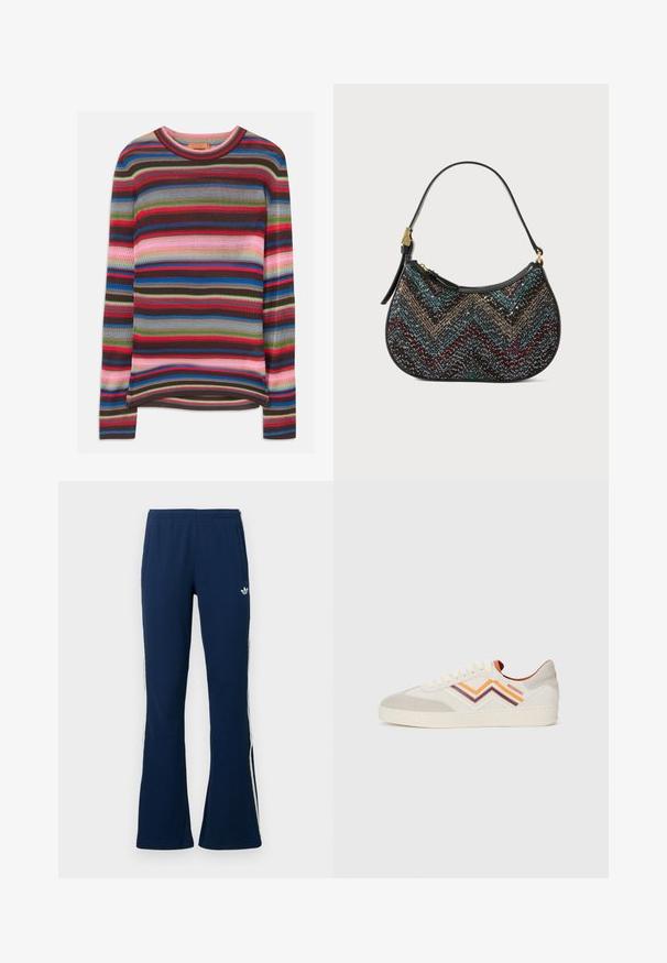 Ribaga tekstuuriga triibuline pika varrukaga kampsun; värvid hõlmavad punast, sinist, roheline, roosat ja pruuni ning ümmargune kaelus.; Tumesinised soonikkoes laienevad tracksuit-püksid valgete küljeribadega ja vasakul pool tikitud logoga, millel on kaks küljetaskut.; Ketsid, millel on kreemivärvi ülemine osa, sametised aktsendid, siksakiline mitmevärviline riba oranži, tumepruuni ja kollasega ning paks valge tald.; Mustas käekott on kõverate joontega, esindades mitmevärvilist chevron-mustrit ja metallthreadi. Koti küljes on nahkrihm ja kullatud detailid.