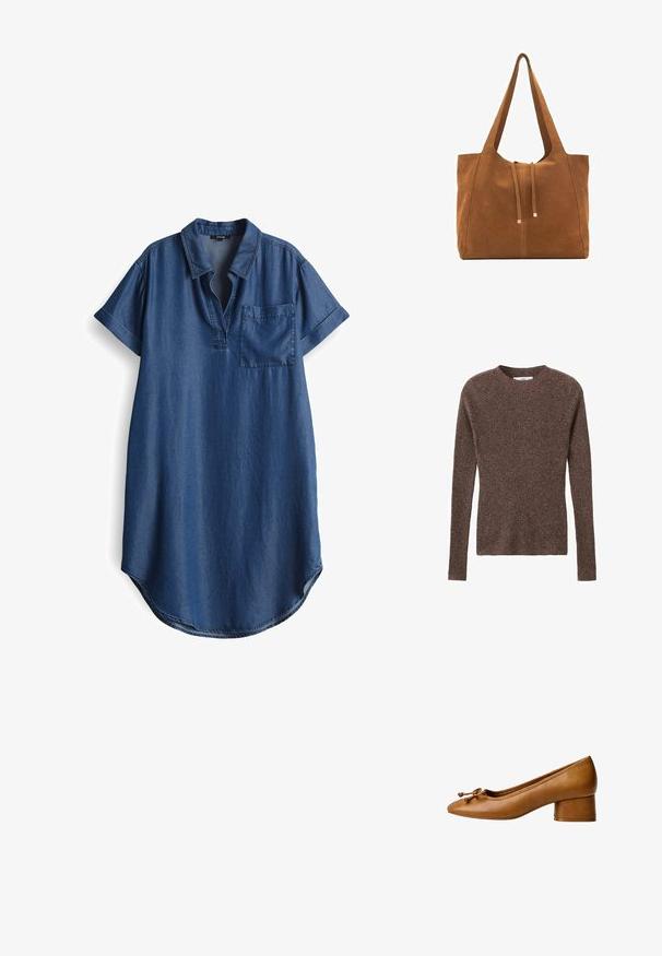 Brauner gerippter Strickpullover mit rundem Halsausschnitt und langen Ärmeln, der eine strukturierte Oberfläche und eine figurnahe Silhouette aufweist.; Dunkelblaues Denim-Kleid mit Kragen, kurzen umgeschlagenen Ärmeln, einer einzelnen Brusttasche und einem abgerundeten Saum.; Tanzfarbener Lederpump mit runder Spitze, kleinem Blockabsatz und dekorativem Schleifendetail. Glatte Textur und minimalistisches Design.; Braune Wildleder-Tasche mit zwei langen Trägern, Zugverschluss und minimalistischem Design. Glatte Textur und keine sichtbaren Hardware-Details.
