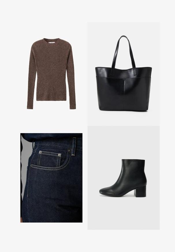 Hnedý rebrovaný pletený sveter s okrúhlym výstrihom a dlhými rukávmi, vystužený textúrovanou látkou a priliehavým strihom.; Tmavé deninové džínsy s klasickým dizajnom piatich vreciek, kontrastným šitím a kovovými nitmi. Textúra pôsobí hladko s miernym leskom.; Čierne kožené členkové čižmy s špicatou špičkou a hrubým podpätkom. Hladká textúra s minimálnymi akcentmi a elegantným, priliehavým dizajnom.; Čierna kožená tote taška s dvoma dlhými rúčkami, hladkým povrchom a štruktúrovaným tvarom. Obsahuje prednú kapsu pre dodatočné uskladnenie.