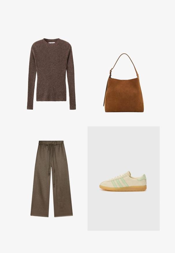 Brown ribbed knit sweater with a round neckline and long sleeves, featuring textured fabric and a fitted silhouette.; Wide-leg trousers in olive green, made of soft, textured fabric. Features an elastic waistband with a drawstring and side pockets.; Beige suede sneakers with green accents, featuring three stripes, a round toe, and a rubber gum sole. Minimalist design with lace-up closure.; Brown suede shoulder bag with a curved top, single strap, and smooth texture. Features a minimalist design and clean lines.