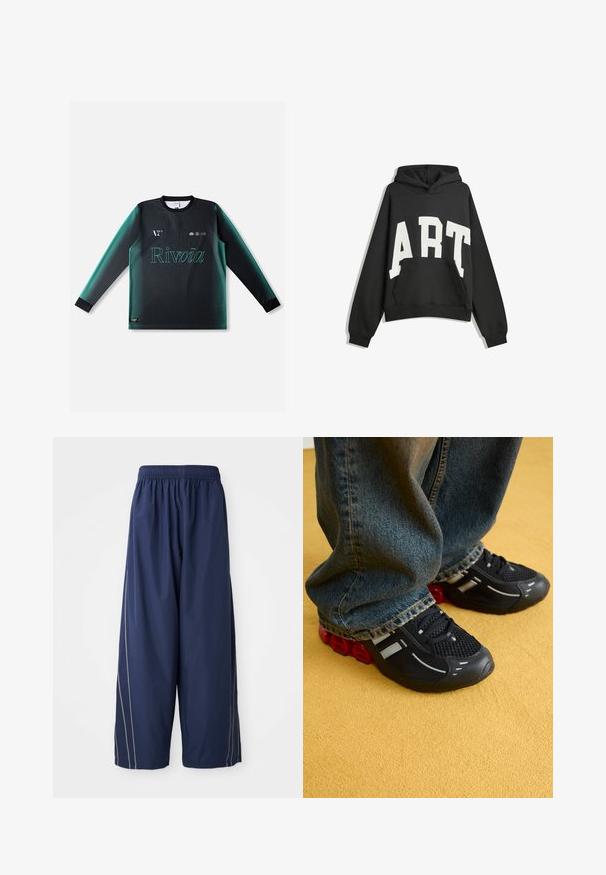 Crna dukserica s bijelim natpisom "ART". Ima prednju džepu, duge rukave i kapuljaču. Izrađena je od mekanog materijala s opuštenim krojem.; Dres s dugim rukavima u gradijentu crne i tirkizne boje, s okruglim izrezom, teksturiranim tkanjem i logotipom "Rivvia" u svijetlo zelenoj boji na prednjoj strani.; Pantalone tamnoplave boje, širokog kroja s elastičnom waistband i bočnim prugama svjetlije nijanse. Izrađeni od glatkog, laganog materijala.; Crne atletske cipele s mrežastim gornjim dijelom, sjajnim detaljima i crvenim jastučićima na potplatu, u kombinaciji s plavim trapericama.