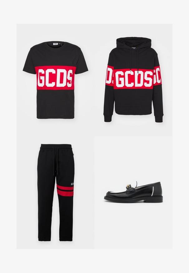 Sudadera negra con una gran banda roja que presenta letras en bloque blancas. Incluye capucha con cordón y puños acanalados. Material de mezcla de algodón.; GCDS BAND LOGO REGULAR - Camiseta estampada - black; Pantalones de chándal negros con rayas rojas de contraste y logo en el lateral. Cuenta con una cinturilla elástica con cordón y puños en los tobillos ajustados.; Mocasín de piel negra con punta redondeada, acentos en blanco y herrajes dorados en la parte superior. Presenta un parche texturizado y un tacón apilado.