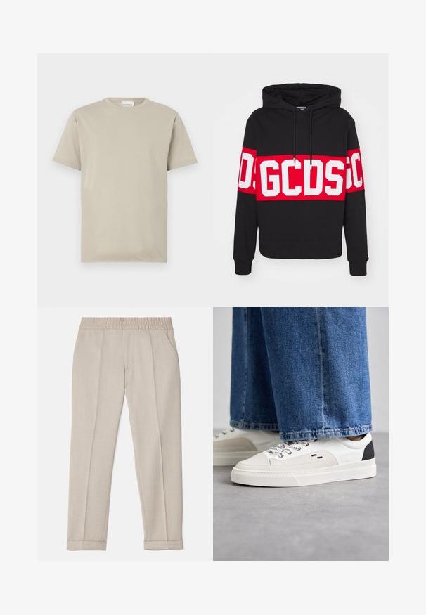 Sort hættetrøje med et stort rødt bånd med hvide blokbogstaver. Inkluderer en hætte med snore og ribbede manchetter. Materiale i bomuldsblanding.; Beige bomulds t-shirt, korte ærmer, rund halsudskæring, ensfarvet uden mønstre, løs pasform, med et mærke der siger "CLOSED" ved halsudskæringen.; Filippa K TERRY CROPPED TROUSERS - Bukser - sage melange; Hvide og sorte sneakers med en glat læderoverdel, teksturerede detaljer og en kraftig hvid sål. Har et klassisk snørebåndsdesign.