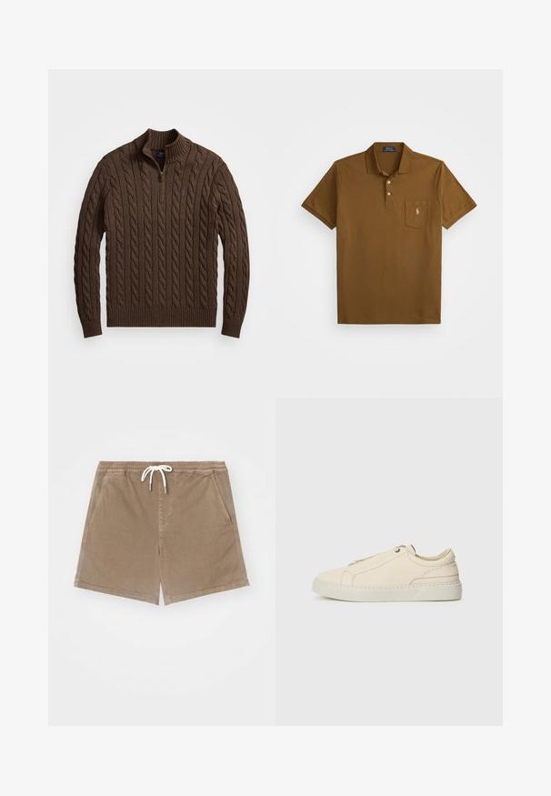 Brown cable knit sweater with a half-zip collared neckline, ribbed cuffs and hem, featuring textured patterns throughout.; Brown polo shirt made of cotton with a collar, two button placket, and a left chest pocket featuring an embroidered logo. Short sleeves.; Brown cotton shorts with an elastic waistband and white drawstring, featuring two side pockets and a straight cut design.; Beige leather sneaker with a rounded toe, minimalistic design, subtle stitching details, and a textured upper, on a light sole.