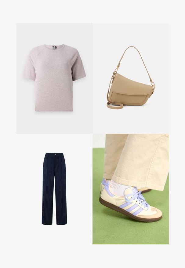 Svijetlo bež majica kratkih rukava izrađena od mekog, teksturiranog materijala s okruglim izrezom i raglan rukavima.; Mornarske široke hlače s vertikalnim bijelim prugama, s gumbom za zatvaranje, petljama za remen i krojem prilagođenim figuri. Mekana tekstura tkanine.; Kremasto-ljubičaste tenisice s tri pruge i strukturiranim smeškim potplatom, s vezicama i podstavljenim petom. Mekana gornja tkanina.; Even&Odd Ručna torba - beige