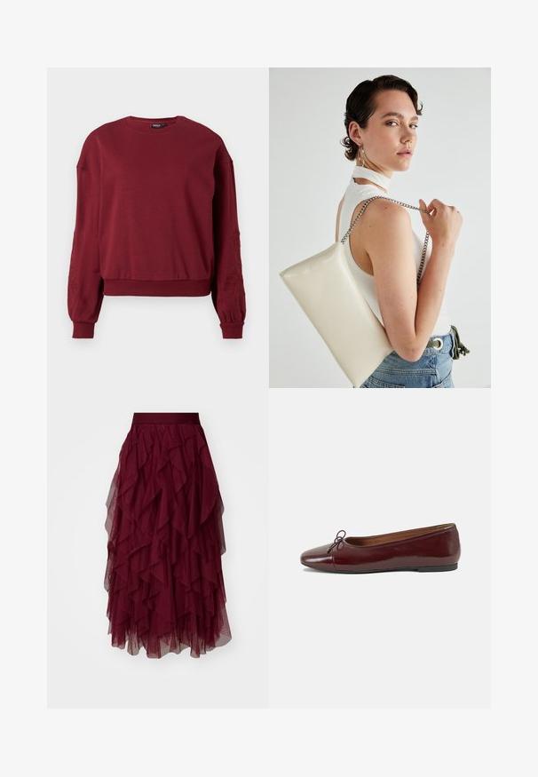 Burgundin pitkähihaisessa collegepaidassa on pyöreä pääntie, ribbireunat hihoissa ja helmassa, sekä hillitty kukkakirjonta hihoissa.; Burgundin värinen tüllihame, jossa on useita kerroksia röyhelöitä, leveä vyötärö ja ilmava siluetti. Kevyt ja teksturoitu kangas parantaa liikkuvuutta.; Burgundin värinen lakattu nahkainen ballerinatossu pyöreällä varvaskärjellä, pienen nauhan yksityiskohdalla edessä ja matalalla mustalla kumipohjalla. Sujuva pinta.; Valkoinen suorakulmainen clutch-laukku, joka on valmistettu kiiltävästä materiaalista ja jossa on hopeinen ketjuolkahihna. Malli poseeraa laukku käsivarsillaan yksinkertaista taustaa vasten.