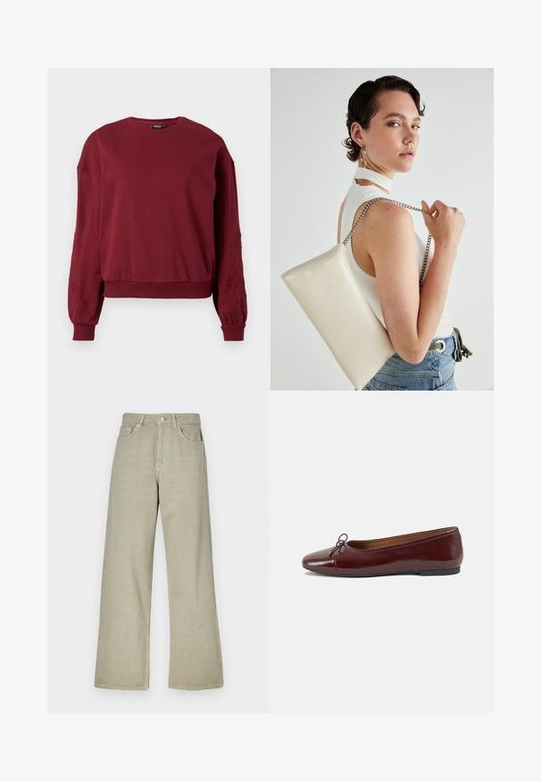 Borų spalvos ilgomis rankovėmis džemperis su apvalia iškirpte, su raštuotais rankogaliais ir apatine dalimi, su subtiliais gėlių siuvinėjimais ant rankovių.; Khačio pločių džinsai, pagaminti iš medvilnės mišinio. Su mygtukų uždarymu, penkiomis kišenėmis ir švariu, tekstūruotu audinio paviršiumi.; Bordo lakiotos odos baleto bateliai su apvalia nosimi, maža kaspinėlio akcentu priekyje ir žema juoda guma padanga. Lygi tekstūra.; Balta, stačiakampio formos rankinė pagaminta iš blizgaus medžiagos, su sidabriniu virvute. Modelis pozavo, demonstruodamas rankinę prieš paprastą foną.