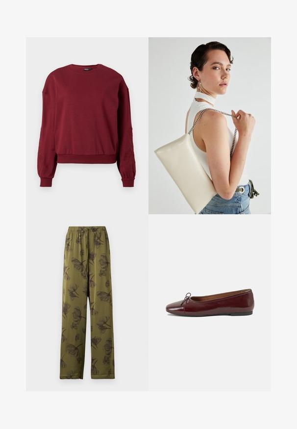 Burgunder langermet genser med rund hals, ribbestrikkede mansjetter og nederkant, med subtil blomsterbroderi på ermene.; Olivenfargede bukser med vid ben, elastisk midje og svart blomstertrykk.; Burgunderrød lakk lær ballettleilighet med rund tå, liten sløyfe foran og en lav, svart gummisåle. Glatt tekstur.; Hvit rektangulær clutch-veske laget av blankt materiale, med en sølvkjede-stropp. Modellen poserer og viser vesken mot en ensfarget bakgrunn.