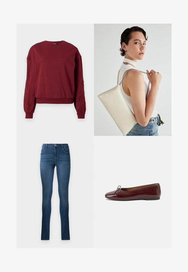 Sudadera burdeos de manga larga con cuello redondo, puños y dobladillo acanalados, que presenta un sutil bordado floral en las mangas.; Vaqueros ajustados de mezclilla azul oscuro, con cintura alta, diseño clásico de cinco bolsillos y un ligero desvanecimiento. Cierre de botón metálico incluido.; Bailarina de charol burdeos con punta redonda, pequeño lazo en la parte frontal y una suela baja de goma negra. Textura suave.; Bolso de mano rectangular blanco, hecho de un material brillante, con una cadena plateada. La modelo posa, mostrando el bolso frente a un fondo liso.
