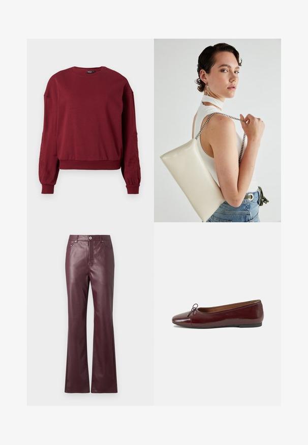 Hanorac burgund cu mânecă lungă, cu guler rotund, cu manșete și tiv conici, având broderii florale discrete pe mâneci.; Pantaloni flared din piele sintetică de culoare vin, cu o textură netedă, buzunare frontale și un nasture metalic la brâu.; Balerini din piele patent burgund cu vârful rotund, accent de fundiță mică în față și talpă joasă din cauciuc negru. Textură netedă.; Geantă de clutch rectangulară albă, realizată dintr-un material lucios, având o curea de lanț argintie. Modelul pozează, evidențiind geanta pe un fundal simplu.