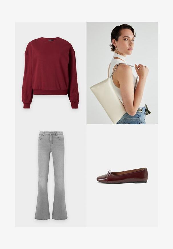 Κρασιά μπλουζάκι με μακριά μανίκια και στρογγυλή λαιμόκοψη, με ριμπ μήκος και μανίκια, που διαθέτει διακριτική κεντητή floral διακόσμηση στα μανίκια.; Γκρι τζην με φαρδιά γραμμή, κατασκευασμένα από τζην ύφασμα, που διαθέτουν κλασικό σχέδιο πέντε τσεπών, κλείσιμο με φερμουάρ και διακριτικές φθορές κατά μήκος των ποδιών.; Μπορντό παρθένα δερμάτινα μπαλαρίνες με στρογγυλή μύτη, μικρή διακόσμηση φιόγκου στο μπροστινό μέρος και χαμηλή, μαύρη καουτσούκ σόλα. Λείος υφής.; Λευκή ορθογώνια τσάντα συμπλέκτη, φτιαγμένη από γυαλιστερό υλικό, με ασημένια αλυσίδα. Το μοντέλο ποζάρει, επιδεικνύοντας την τσάντα σε απλό φόντο.