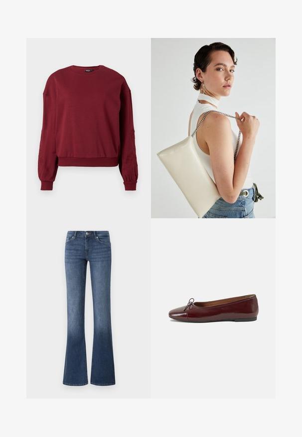 Sweatshirt bourgogne à manches longues avec col rond, poignets et ourlet côtelés, doté de broderies florales discrètes sur les manches.; Jeans évasés en denim de couleur bleue, avec un lavage moyen, cinq poches et une fermeture éclair avec un bouton. Texture lisse.; Ballerines en cuir verni bordeaux avec un bout rond, un petit nœud décoratif à l'avant et une semelle en caoutchouc noire basse. Texture lisse.; Pochette rectangulaire blanche en matériau brillant, avec une bandoulière en chaîne argentée. Le modèle pose en mettant en valeur le sac contre un fond uni.