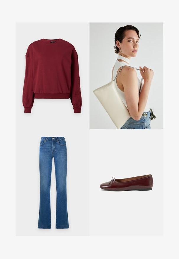 Hanorac burgund cu mânecă lungă, cu guler rotund, cu manșete și tiv conici, având broderii florale discrete pe mâneci.; Blugi evazați de culoare albastră, din denim, cu un design clasic cu cinci buzunare, închidere frontală cu nasture și zone ușor decolorate pe coapse.; Balerini din piele patent burgund cu vârful rotund, accent de fundiță mică în față și talpă joasă din cauciuc negru. Textură netedă.; Geantă de clutch rectangulară albă, realizată dintr-un material lucios, având o curea de lanț argintie. Modelul pozează, evidențiind geanta pe un fundal simplu.