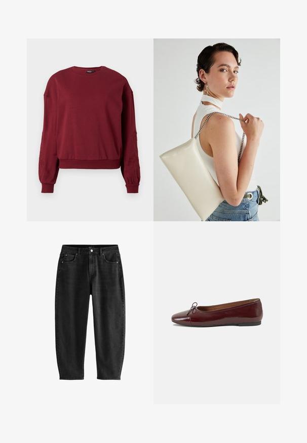 Felpa a maniche lunghe color bordeaux con colletto rotondo, polsini e orlo a coste, caratterizzata da un delicato ricamo floreale sulle maniche.; Jeans in denim nero con una vestibilità comoda, caratterizzati da un classico design a cinque tasche, chiusura con bottone e dettagli di cucitura sottili.; Ballerine in pelle verniciata bordeaux con punta arrotondata, piccolo fiocco decorativo sulla parte anteriore e suola bassa in gomma nera. Texture liscia.; Borsa a pochette rettangolare bianca realizzata in materiale lucido, con una tracolla in catena argentata. Il modello posa, mostrando la borsa su uno sfondo semplice.
