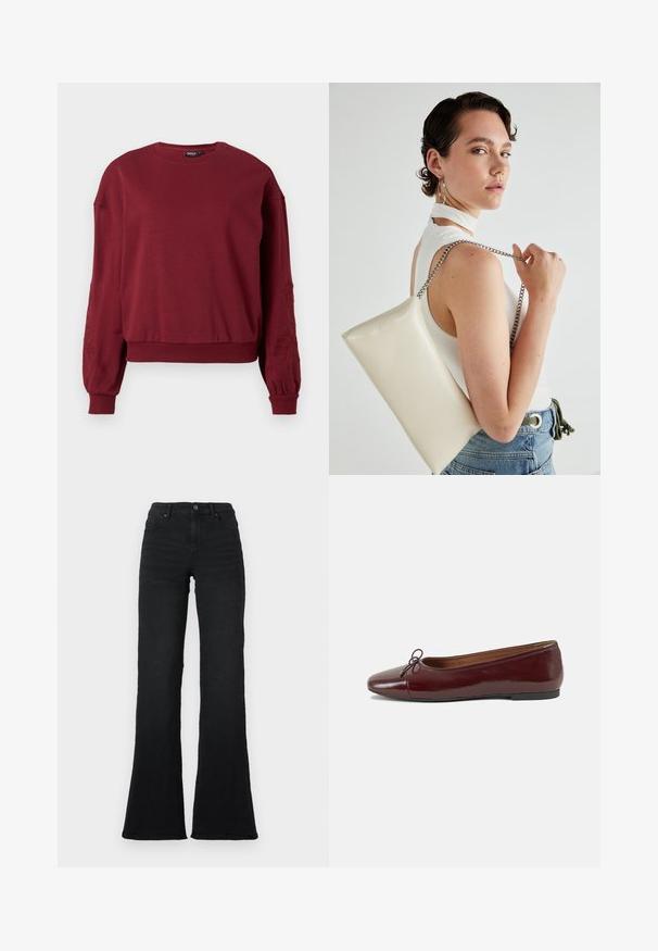 Burgundia pikkade varrukatega särk ümarast kaelusest, ribitud mansetid ja ääred, millel on käistele kantud delikaatne lilleline tikand.; Mustad kõrge vöökoht, laiendatud teksad, millel on ees taskud, vöökohakarbid ja nööbiga sulgemine valge tausta taustal.; Burgundi patendnahk kingad balletitüüpi, ümmarguse ninaosa, ees väike paelaaktsent ja madal must kummist tald. Sile tekstuur.; Valge ristkülikuline kotti, mis on valmistatud läikivast materjalist, hõbedase ahelsangaga. Mudel poseerib, tutvustades kotti ühtlase taustaga.