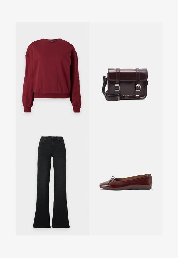Sweatshirt bourgogne à manches longues avec col rond, poignets et ourlet côtelés, doté de broderies florales discrètes sur les manches.; Jean noir à taille haute évasée avec poches avant, passants de ceinture et fermeture à bouton sur fond blanc.; Ballerines en cuir verni bordeaux avec un bout rond, un petit nœud décoratif à l'avant et une semelle en caoutchouc noire basse. Texture lisse.; Sac à bandoulière en cuir verni bordeaux, de forme rectangulaire, avec deux bandoulières, des accessoires en argent et une fermeture à rabat.