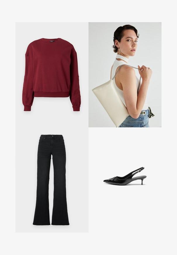 Burgunder langermet genser med rund hals, ribbestrikkede mansjetter og nederkant, med subtil blomsterbroderi på ermene.; Sorte høyde midje flared jeans med frontlommer, beltesløyfer og knappeåpning mot en hvit bakgrunn.; Sorte skinnert remsandaler med spiss tå, liten kittenhæl og en dekorativ knute detalj foran. Glatt tekstur gjennom hele.; Hvit rektangulær clutch-veske laget av blankt materiale, med en sølvkjede-stropp. Modellen poserer og viser vesken mot en ensfarget bakgrunn.