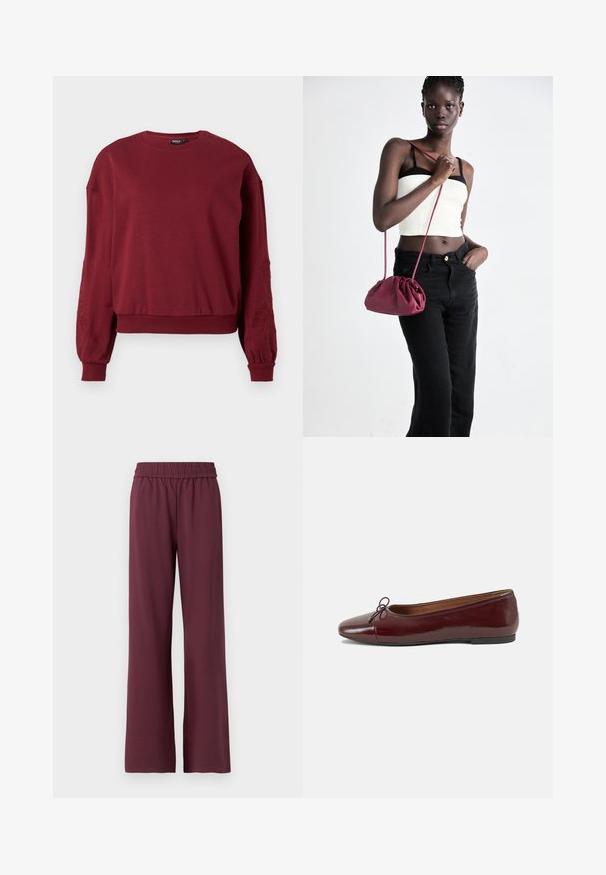 Burgundy long-sleeve sweatshirt with crew neck, ribbed cuffs and hem, featuring subtle floral embroidery on the sleeves.; Burgundy wide-leg pants with an elastic waistband, made from soft fabric, featuring a smooth texture and a relaxed fit.; Burgundy patent leather ballet flat with a rounded toe, small bow accent at the front, and a low, black rubber sole. Smooth texture.; Burgundy soft fabric handbag with a gathered design and a long strap, worn crossbody. Model wears a white crop top and black jeans.
