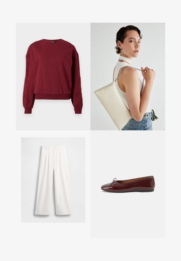 Borų spalvos ilgomis rankovėmis džemperis su apvalia iškirpte, su raštuotais rankogaliais ir apatine dalimi, su subtiliais gėlių siuvinėjimais ant rankovių.; Balti plačiakelniai kelnės, pagamintos iš lygaus audinio, su aukštu liemeniu, matomu priekyje užsegimu mygtuku ir tvarkingu siuvimu palei kraštus.; Bordo lakiotos odos baleto bateliai su apvalia nosimi, maža kaspinėlio akcentu priekyje ir žema juoda guma padanga. Lygi tekstūra.; Balta, stačiakampio formos rankinė pagaminta iš blizgaus medžiagos, su sidabriniu virvute. Modelis pozavo, demonstruodamas rankinę prieš paprastą foną.