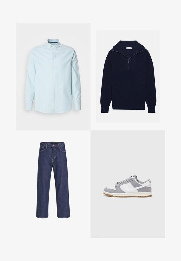 Marineblå strikkegenser med halv-zip krage, med ribbet tekstur og et V-formet design på forsiden. Lange ermer og tettsittende kant.; Lyseblå knapp-up skjorte med tynne hvite striper, lange ermer og klassisk krage. Inkluderer en liten logo på brystet.; Mørkeblå denim jeans med rett snitt, fem lomme-design, metallknapplukking og kontraststing, med en subtil tekstur.; Grå og hvite sneakers med overdel i semsket skinn og lær, rund tå, flate lisser, og gummisåle med gummibelegg.