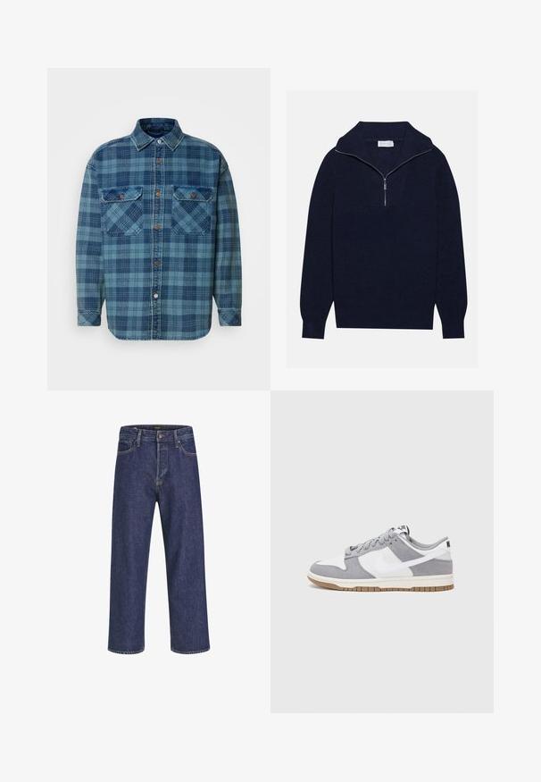 Mørkeblå striktrøje med halvlukket krave, med ripet tekstur og et V-formet design på forsiden. Lange ærmer og tætsiddende kanten.; Blå flannel skjorte med ternet mønster i varierende nuancer af blå, med trykknap lukning foran, krave og to brystlommer.; Mørkeblå denimjeans med lige snit, fem-lomme design, metalknaplukning og kontrasterende syninger, der har en subtil tekstur.; Grå og hvid sneaker med en overdel i ruskind og læder, rund tå, flade snørebånd og en gummisål med en gummifarvet detalje.