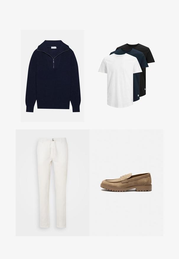 Navy blue knit sweater with a half-zip collar, featuring ribbed texture and a V-shaped design on the front. Long sleeves and fitted hem.; Three short-sleeve T-shirts in white, dark navy, and black. Made from cotton, featuring a crew neck and straight hem. Simple design, no patterns.; White linen trousers with a drawstring waist, straight leg design, and subtle texture. No visible pockets or patterns.; Tan suede loafers with a rounded toe, flat rubber sole, and decorative stitching on the upper. Features a slip-on design with no lace.